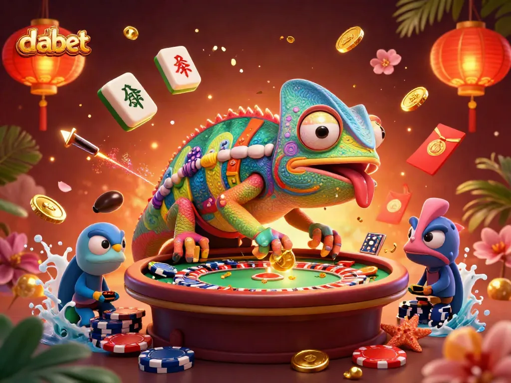Win big at DABET with a vibrant casino scene featuring an enormous chameleon owner and dynamic gambling elements.