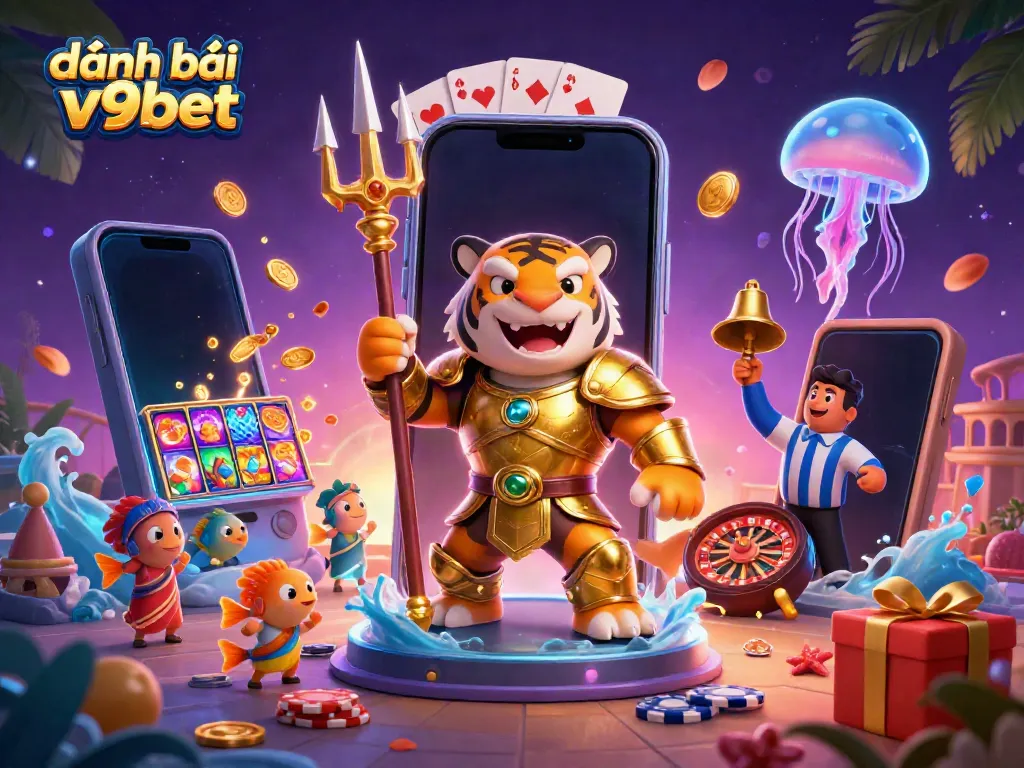 Engage in đánh bài online v9bet with a lively underwater scene featuring a golden shark gladiator.