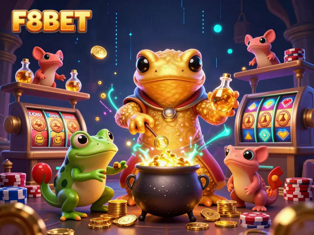 F8BET offers an exciting casino experience with a vibrant scene of colorful characters and enchanting gold elements.