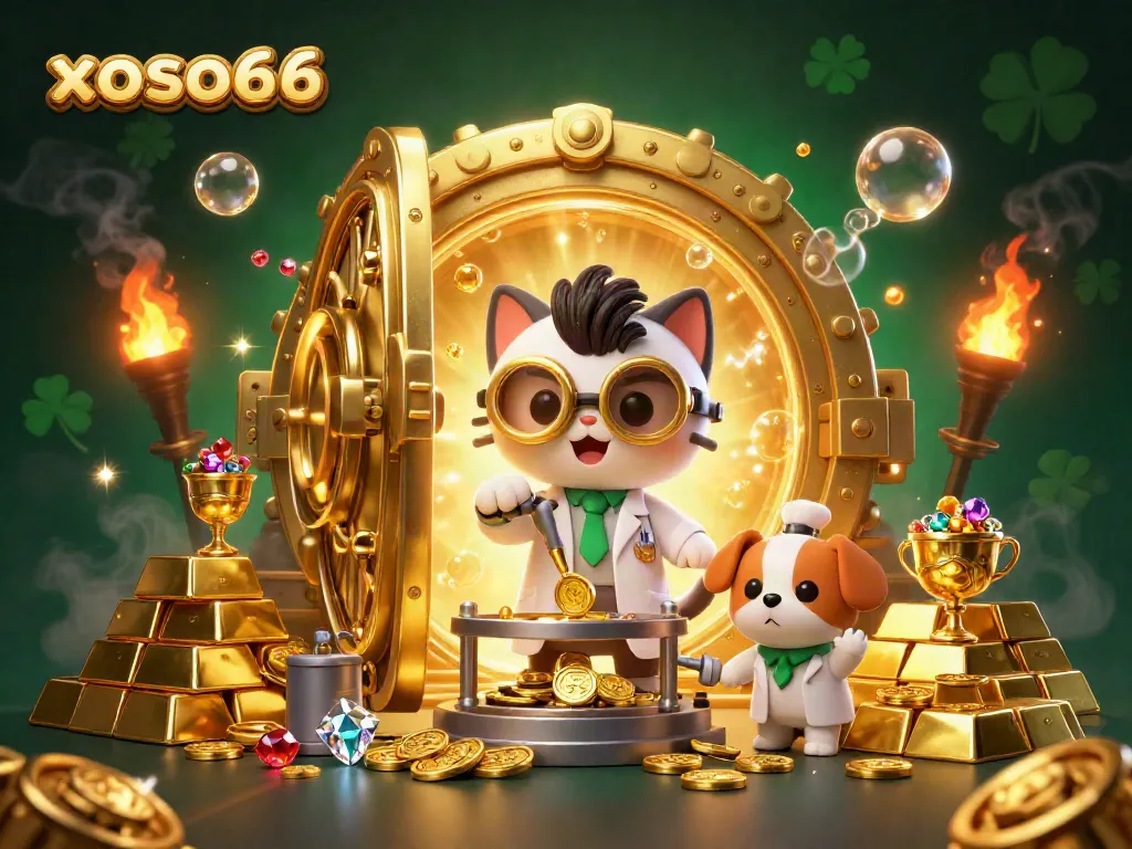 Experience thrilling gaming at xoso66, featuring a lively scene of a scientist and dog amidst treasures and casino elements.