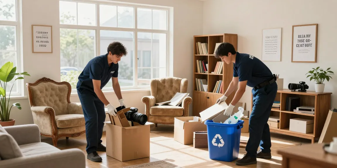 House clearance London team sorting waste in a cozy living room, showcasing eco-friendly disposal practices.