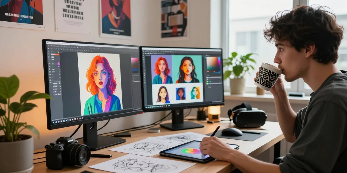 Engaged artist utilizing AI NSFW tools at a digital studio creating unique adult art.