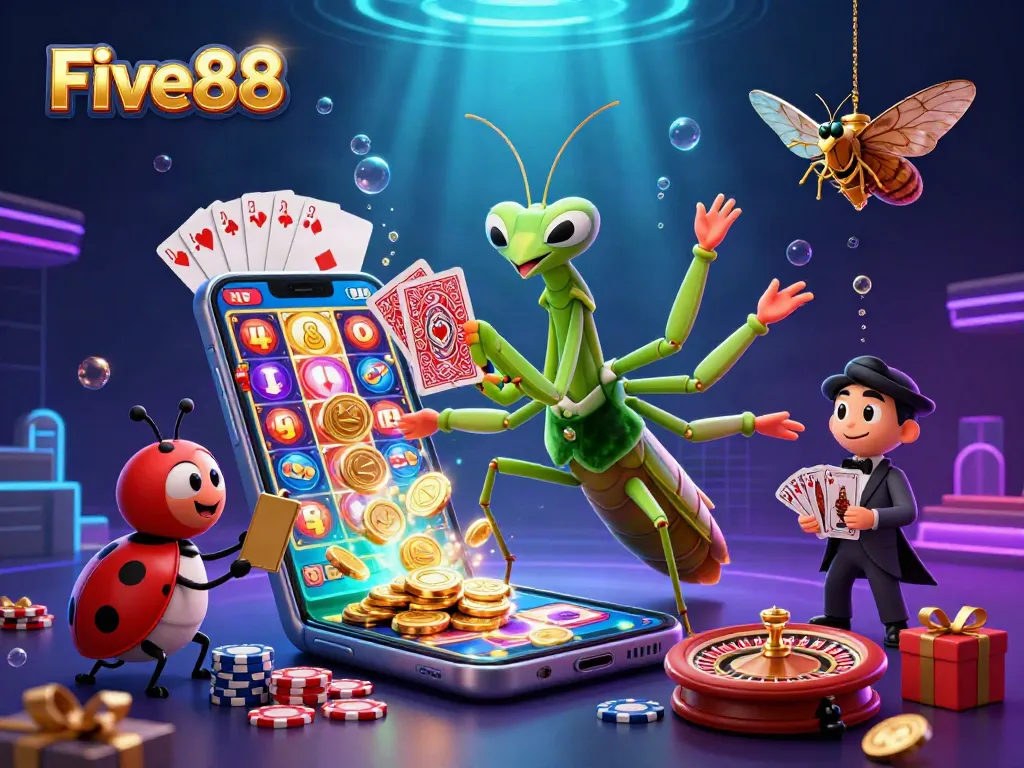 Experience the excitement at Five88 with a giant praying mantis card sharp and ladybug pit boss amidst colorful slot games.