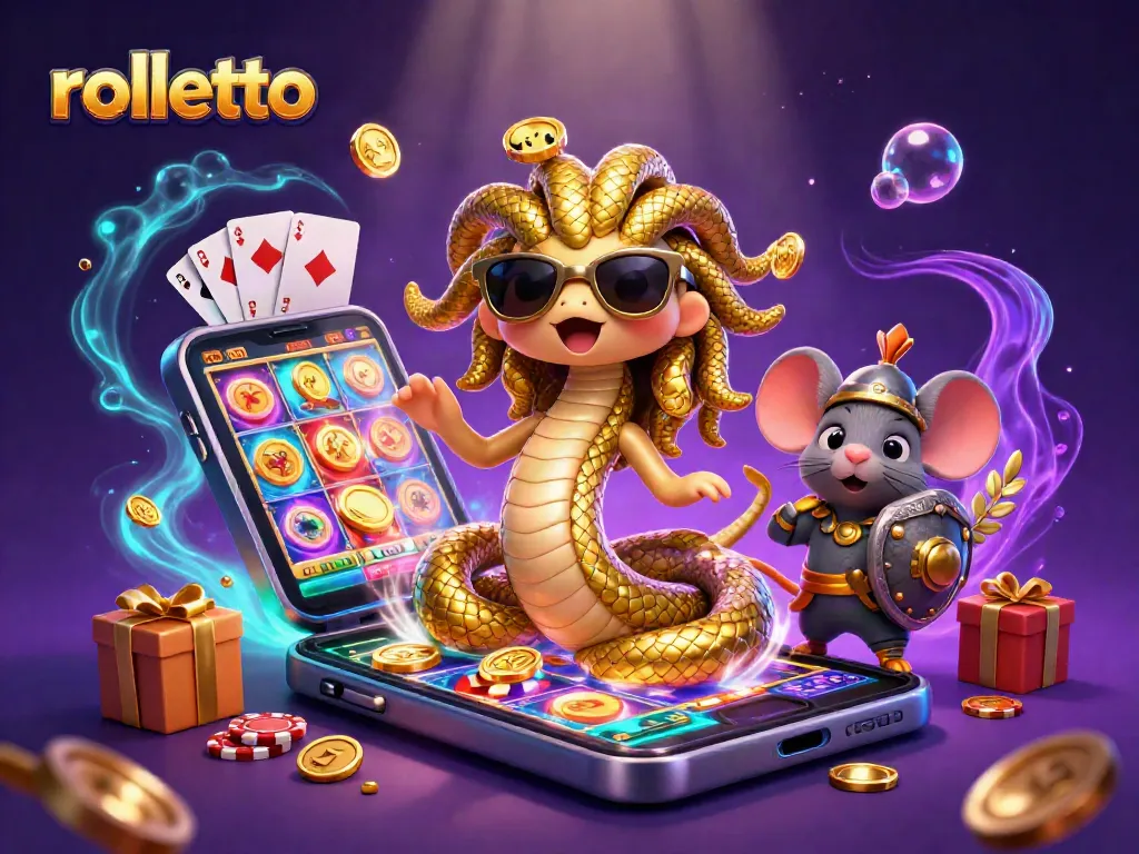 Spin the reels at Rolletto with magical Medusa, a gaming mouse, and golden coins!