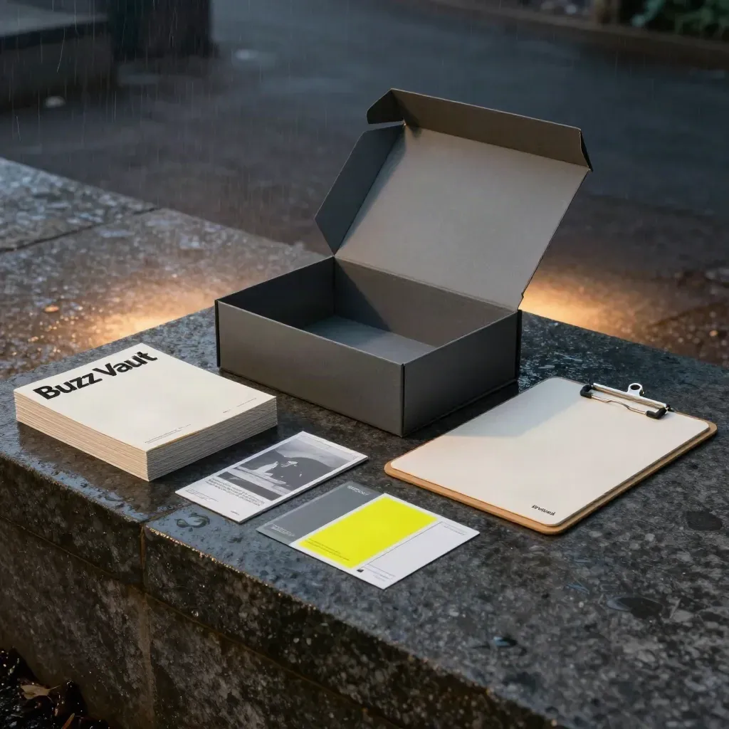 Charcoal trend kit, booklet and cards on a wet stone plinth in blue-hour mist.