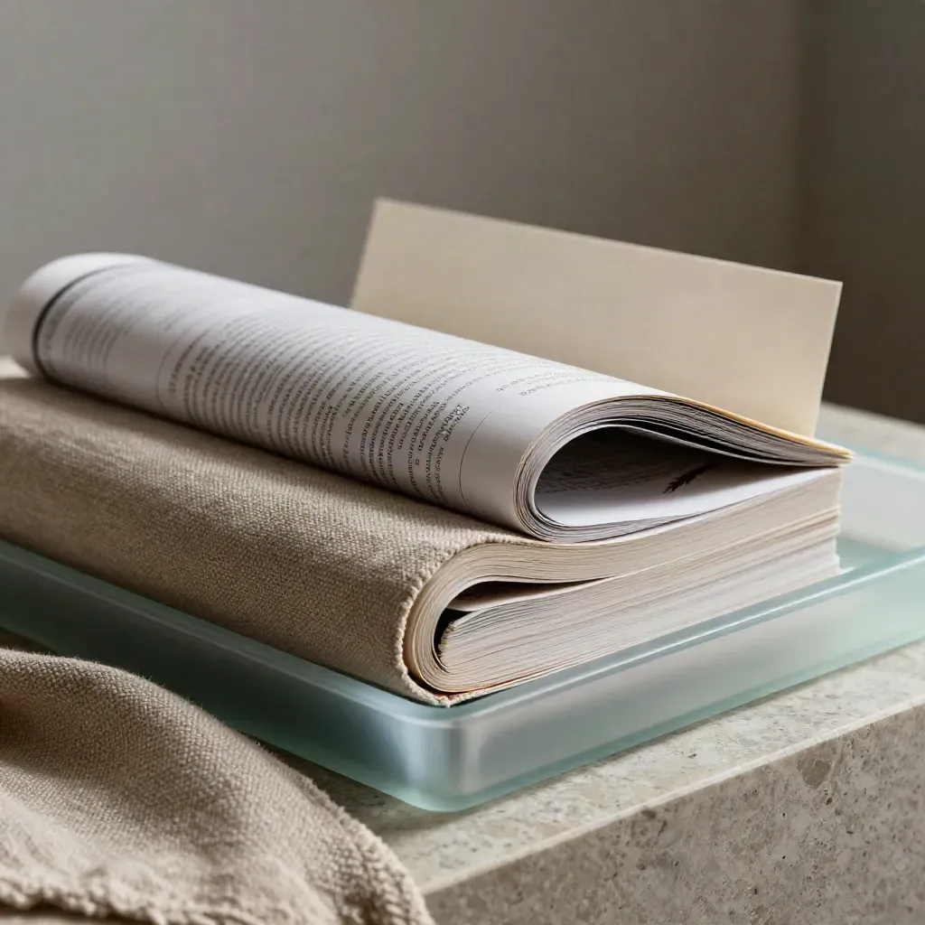 Three report volumes in a translucent tray with linen on a stone ledge, softly lit from the left.