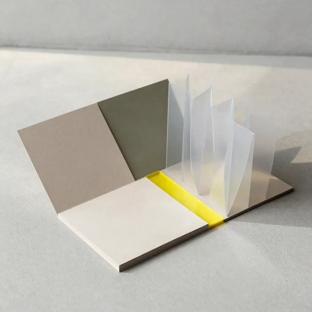 Overhead flatlay of content planning cards, accordion booklet and divider sheet on concrete