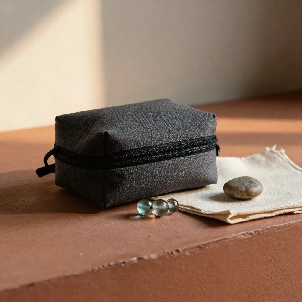 Watch pack with stone, canvas and glass bead on terracotta plaster in soft evening haze.