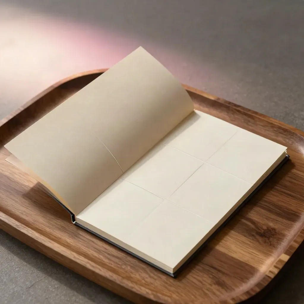 Overhead caption kit booklet with cream cards and clear divider sheet on warm walnut