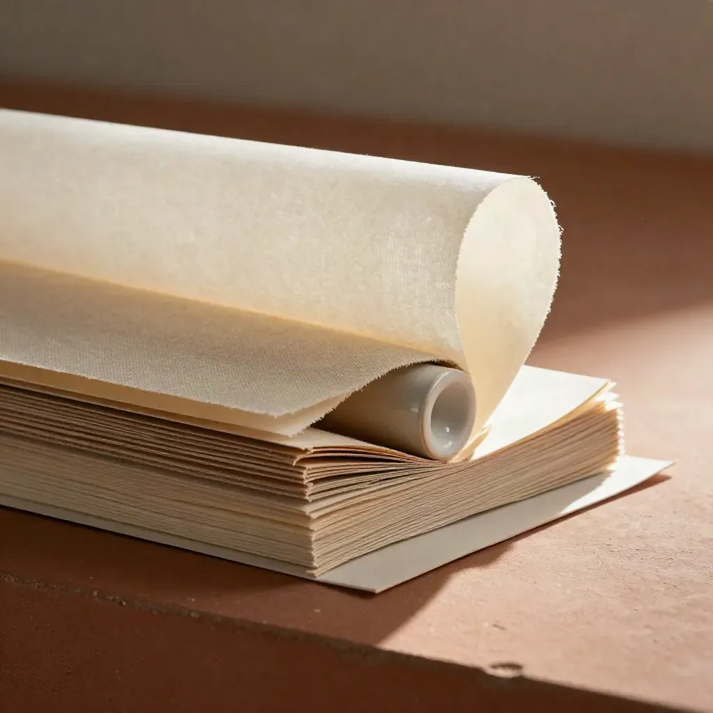 Macro of a vellum swipe file bundle, linen swatch, and ceramic weight in warm studio light.