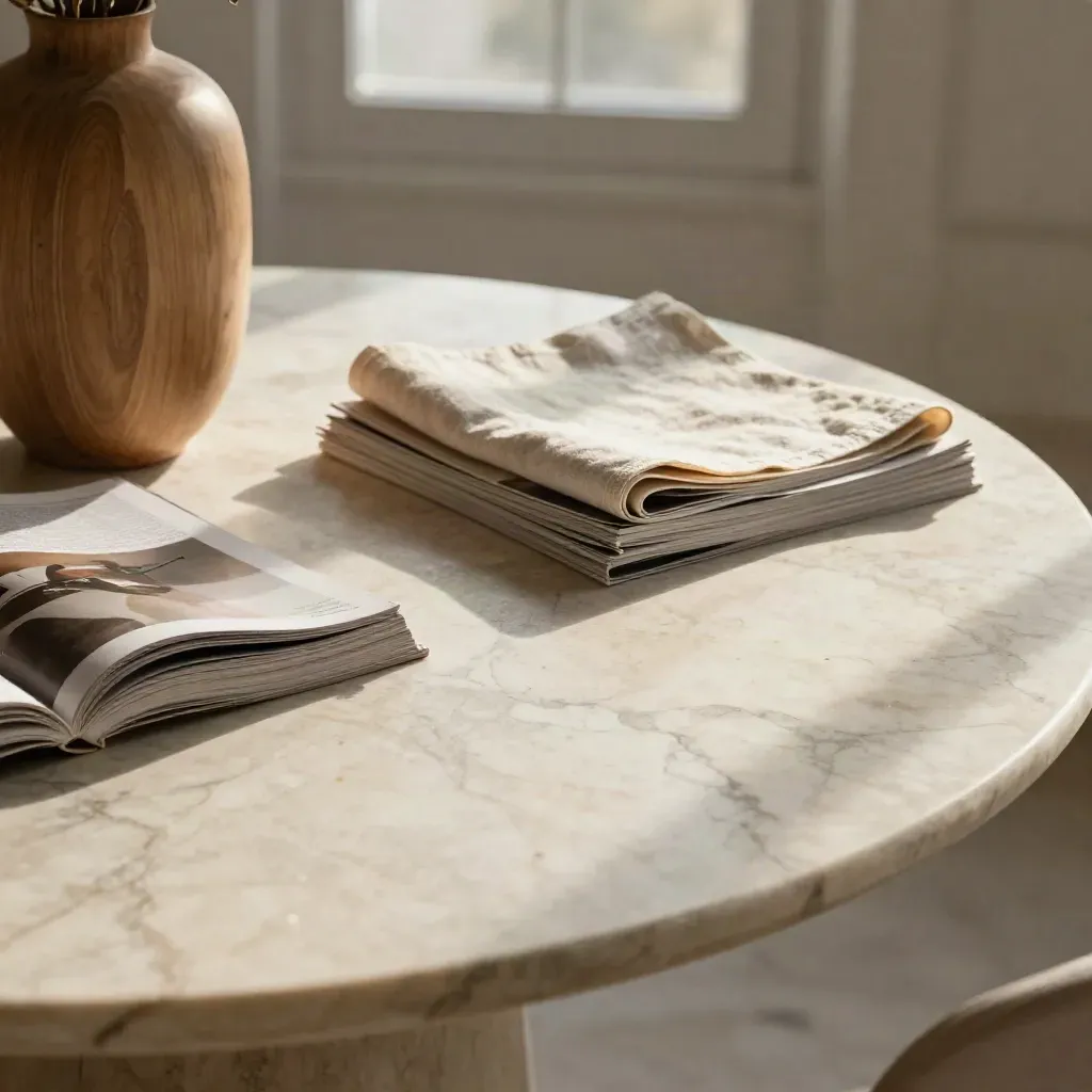 Sunlit marble tabletop with pale wood vessel and blurred magazines, calm space for headline copy.