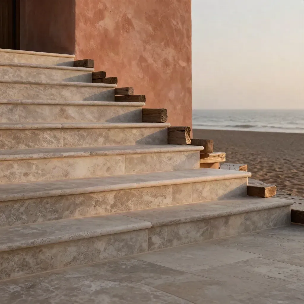 Sunlit coastal stair landing with plaster walls, stone steps, and calm copy space.
