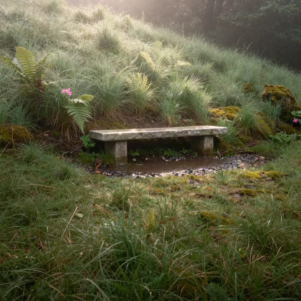 Misty woodland clearing with stone bench, grasses, and soft morning light after rain