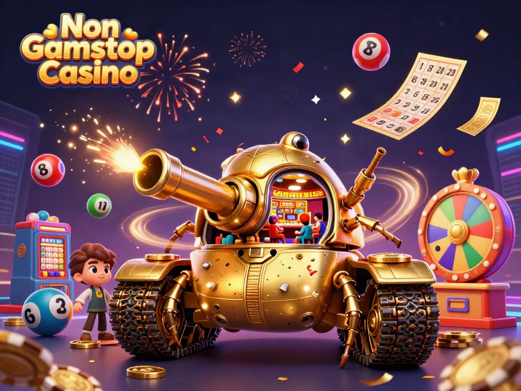 Engage with Non Gamstop Casino in a vibrant 3D world filled with colorful lottery balls and prize wheels.