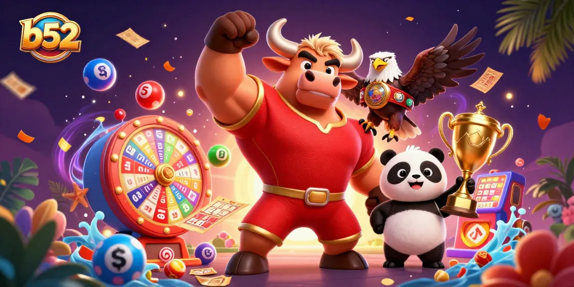 Engage with b52's exciting gaming scene featuring a bull mascot, eagle, and panda amidst vibrant casino elements.