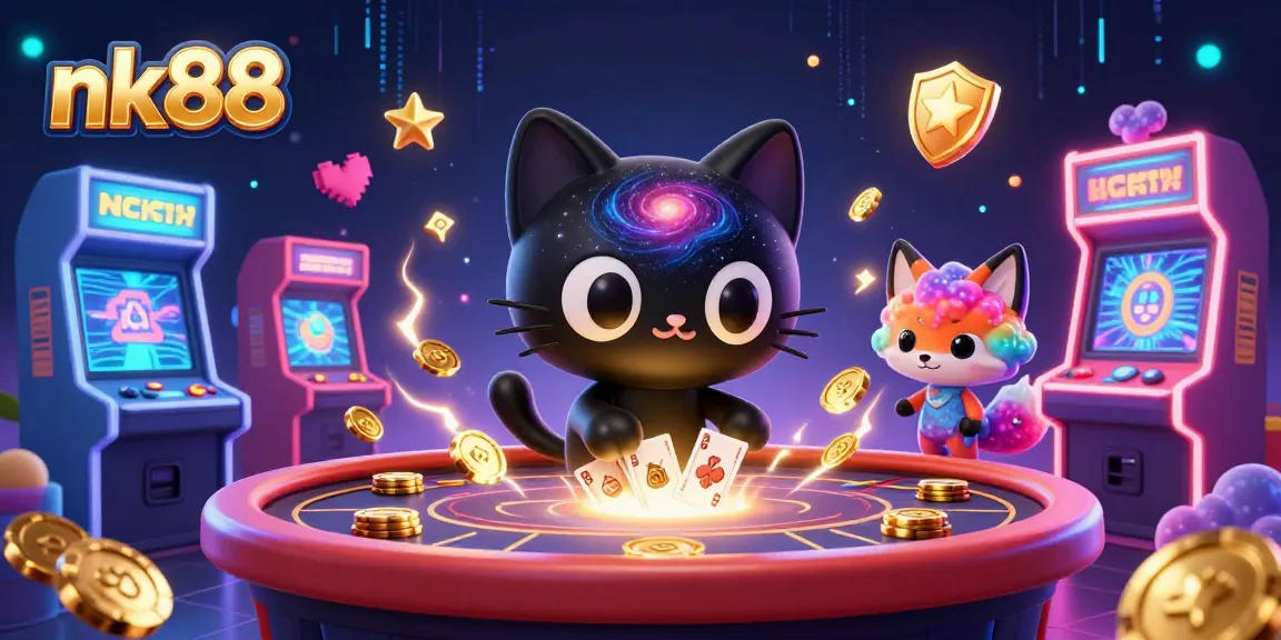 Engage in exciting casino action with nk88, featuring a black hole cat and colorful fox in a cosmic setting.