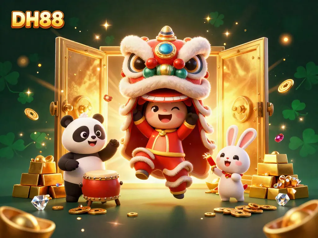 Experience the thrill of gaming with DH88 as animated characters celebrate fortune in a vibrant scene.