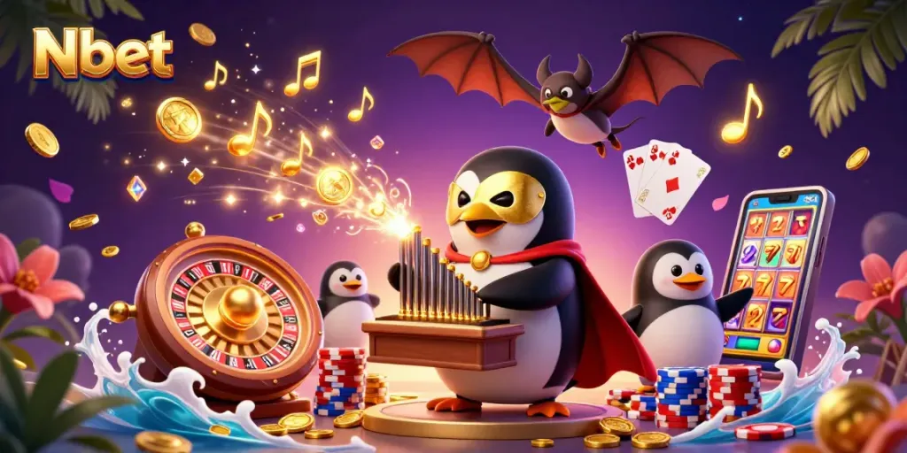 Nbet showcases vibrant casino excitement with a playful penguin organist, cascading coins, and magic melodies.