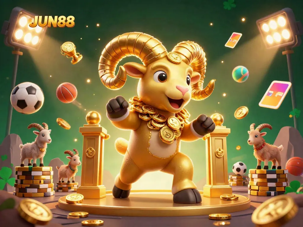 Engage with JUN88's vibrant casino experience featuring a golden ram and animated sports elements.