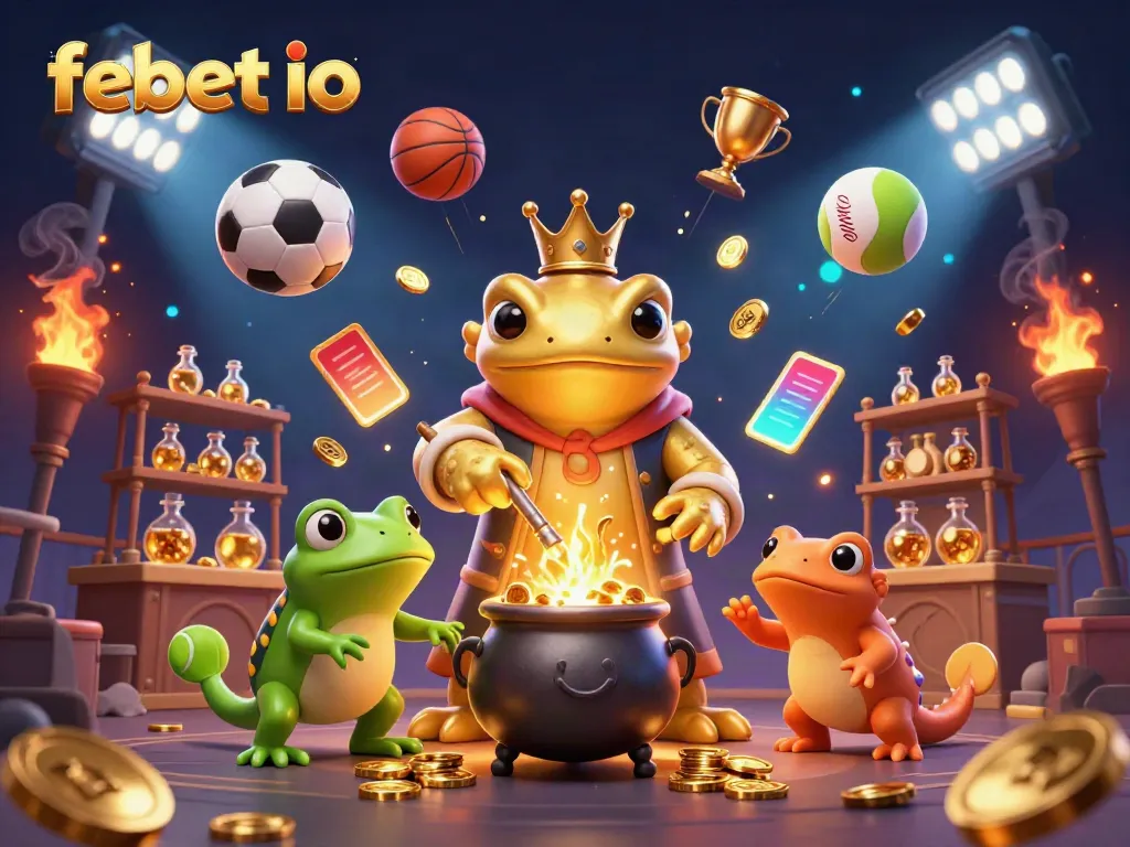 Engage with thrilling gameplay in this vibrant febet io illustration showcasing a golden alchemist and sports elements.