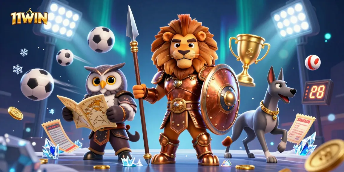 Bet on 11WIN with the Spartan lion and owl strategist amid dynamic sports elements.