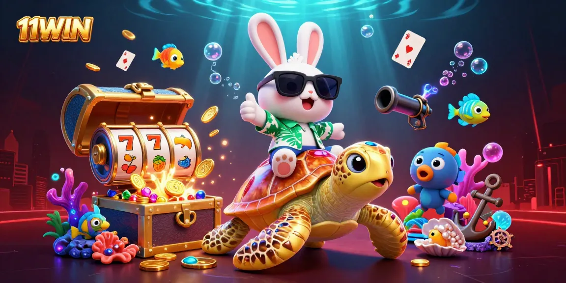 Experience the fun with 11WIN's lucky rabbit and golden turtle in a vibrant casino scene.