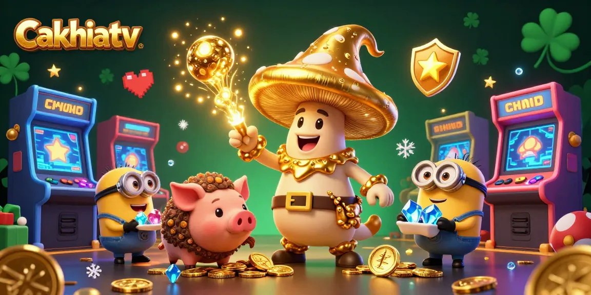Cakhiatv delivers a vibrant online gambling experience, showcasing a magical mushroom wizard and treasure-hunting pig amidst animated casino excitement.