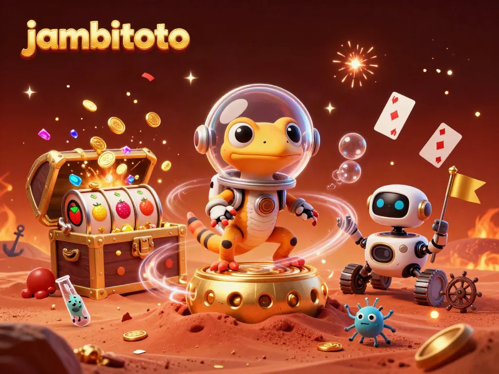 Experience jambitoto with a Martian gecko exploring a golden casino in a vibrant 3D scene.