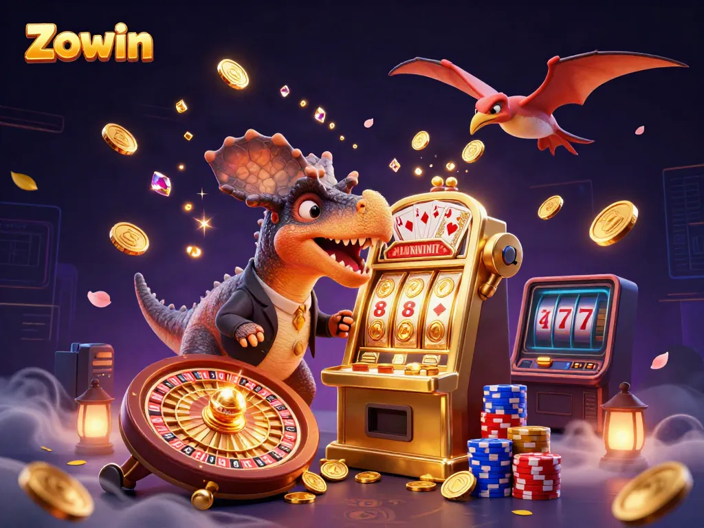 Zowin’s exciting casino scene with a dinosaur, slot machine jackpot, and flying coins