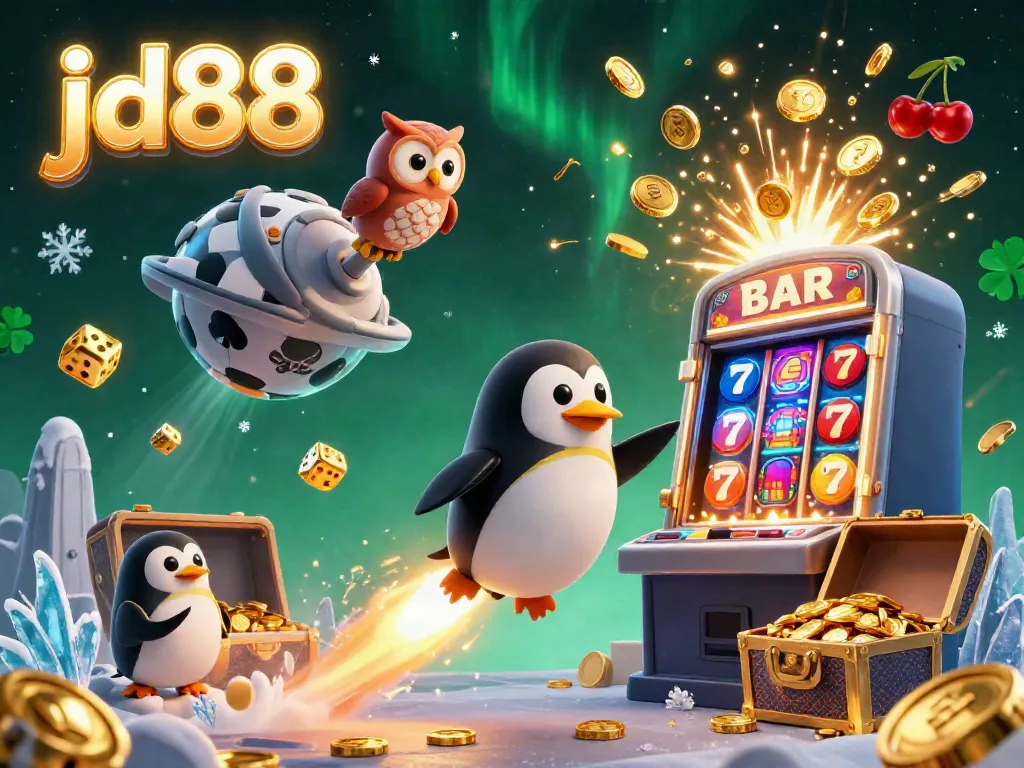 Engage with jd88’s vibrant slot gaming universe featuring a golden penguin in a dazzling casino space scene.