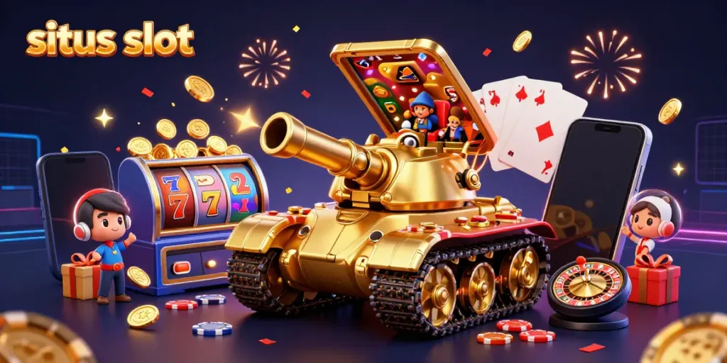 Engage with the colorful situs slot scene featuring a golden beetle tank revealing a mini casino.