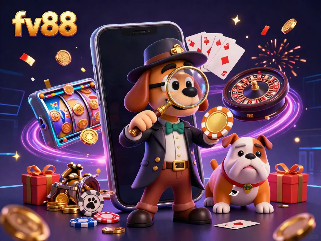 Engage with the exciting world of fv88 as a detective uncovers treasures in an immersive casino scene.
