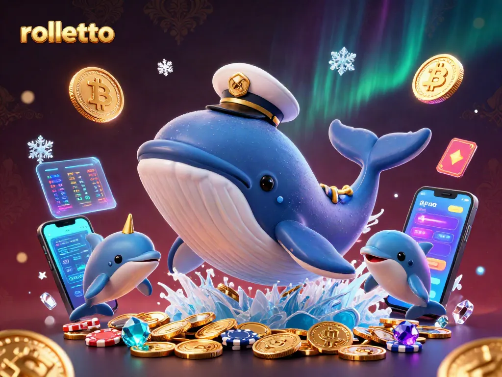 Engage in thrilling gaming with rolletto as a whale and narwhal celebrate wins in a sea of coins.
