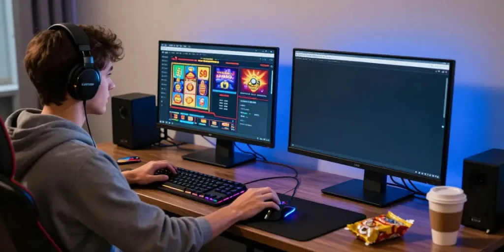 Player enjoying a vibrant credit card casino game setup with motivational gaming accessories.