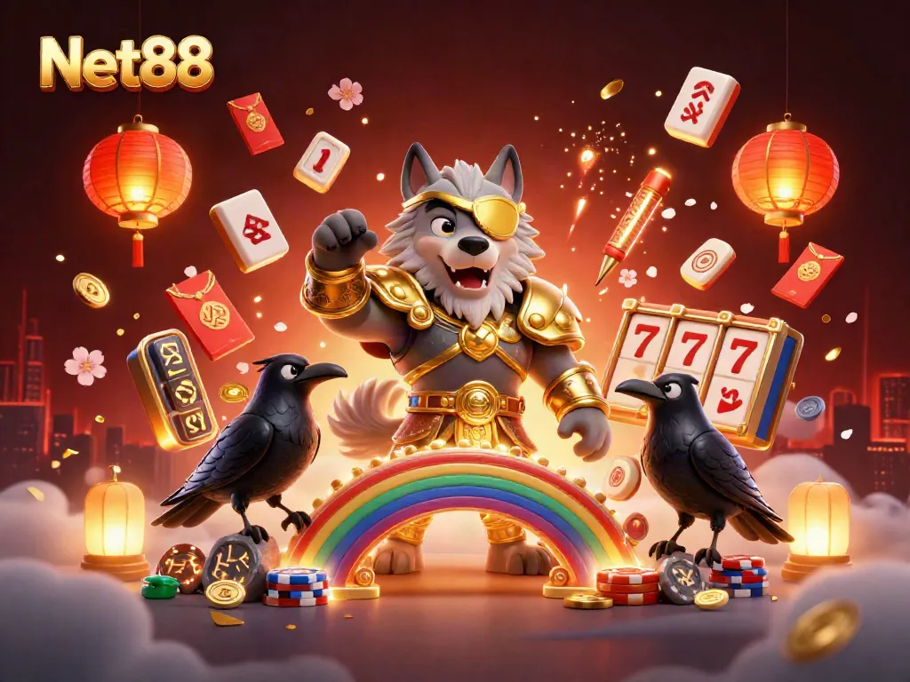 Net88 promotions showcase an engaging 3D casino illustration featuring an Odin wolf and glowing elements.