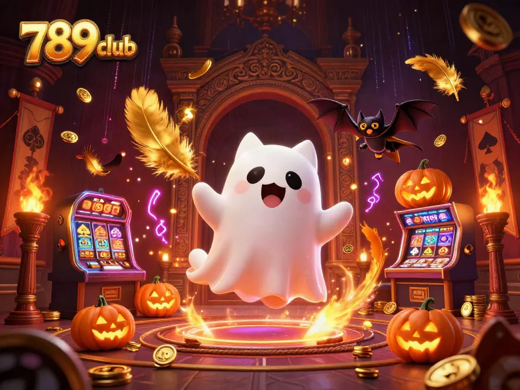 Engaging gameplay at 789 club features a ghost cat and bat companions in a haunted casino atmosphere.