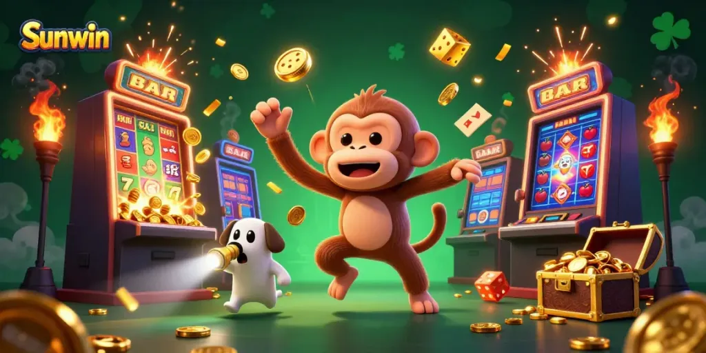 Experience thrilling gameplay with Sunwin's mesmerizing casino scene featuring vibrant characters and dynamic elements.