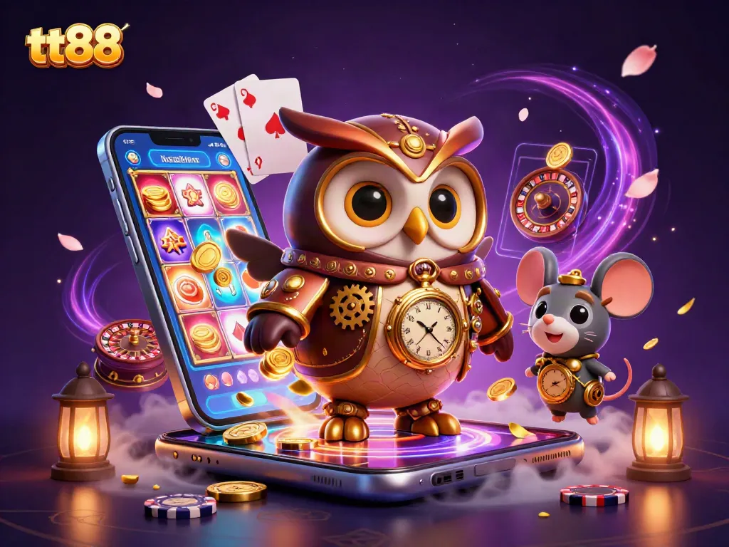 Win big at tt88 with an exciting 3D cartoon scene featuring a time-traveling owl and casino games.