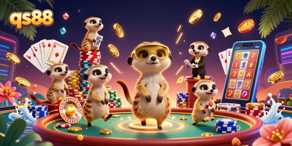 Experience excitement at qs88's lively casino with meerkats engaging in dynamic gaming action.