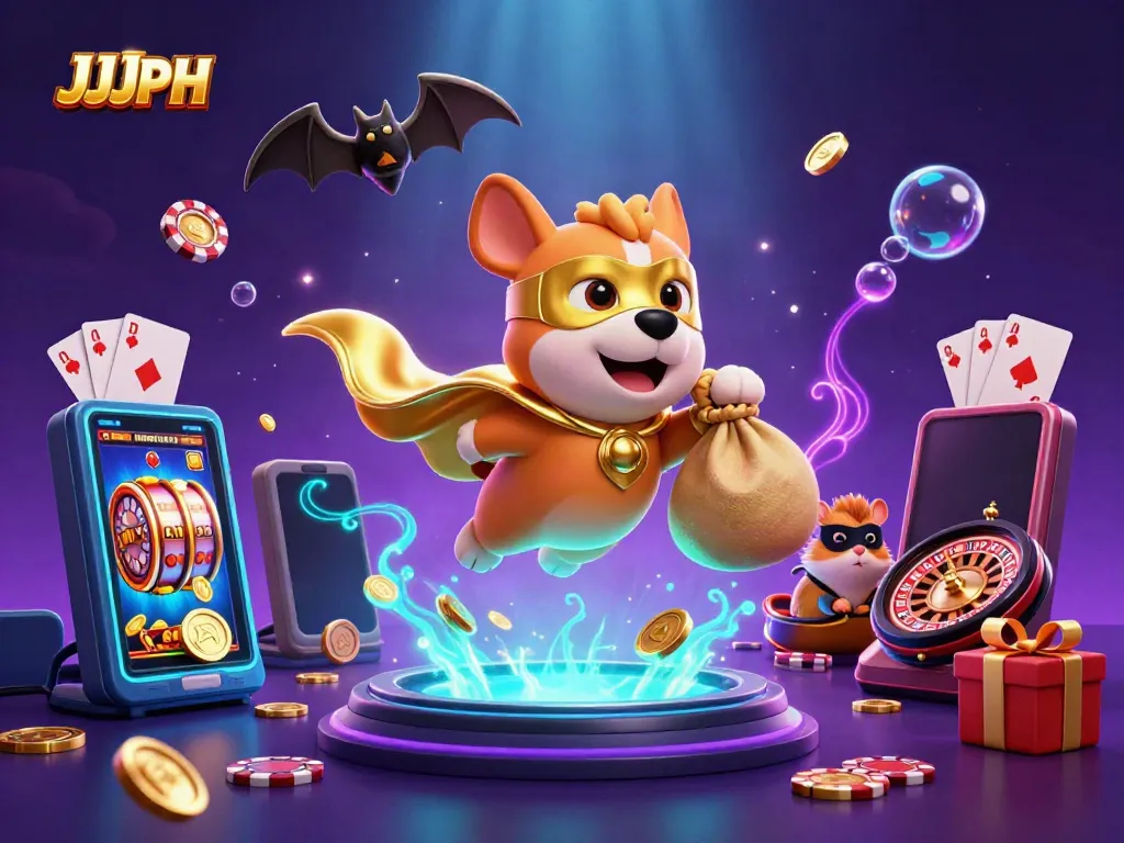 Engage in thrilling gameplay with JJJPH as a superhero dog flies through a colorful casino world.