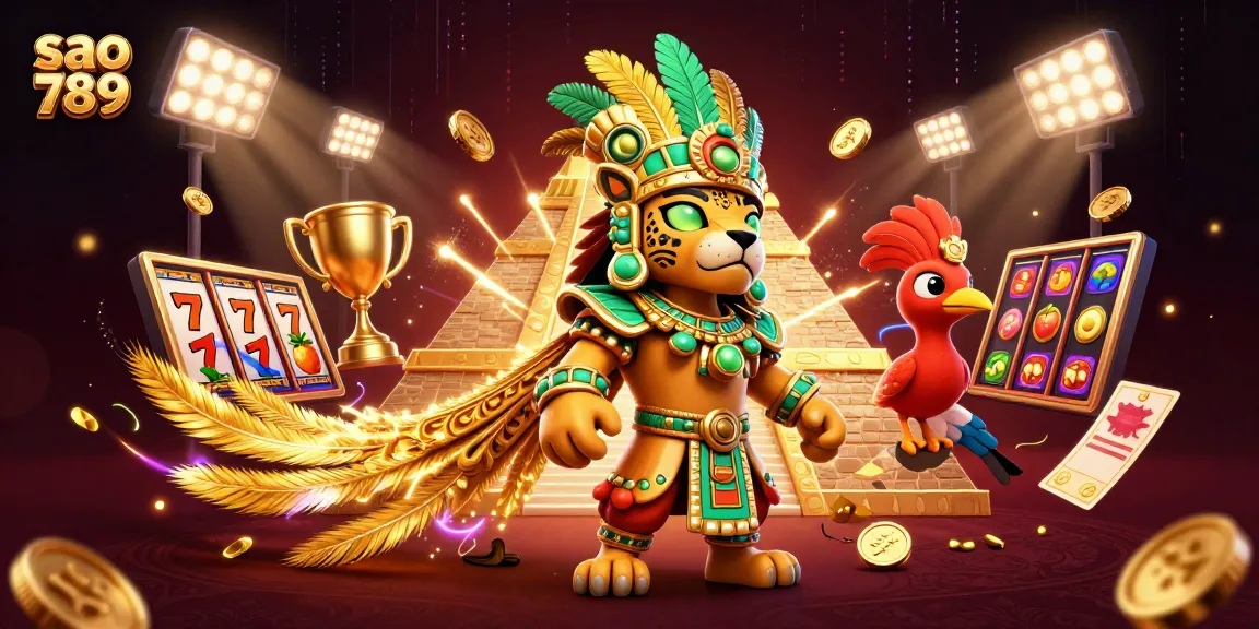 Sao 789 captivates players with a dynamic scene featuring slot reels, a Mayan jaguar priest, and vibrant jackpot energy.