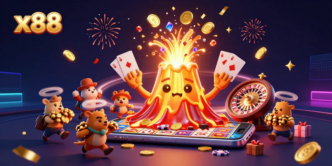 x88 players celebrate wins with gold coins and treasures from the volcano casino excitement