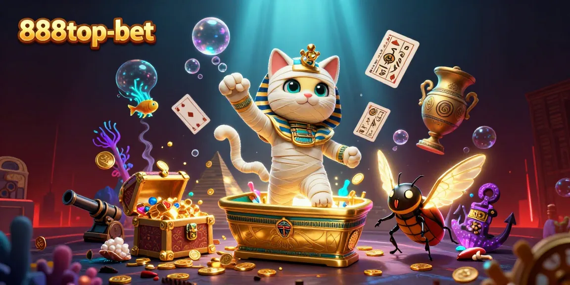Play exciting games at 888top-bet with Egyptian mummy and glowing scarab in a rich casino scene.