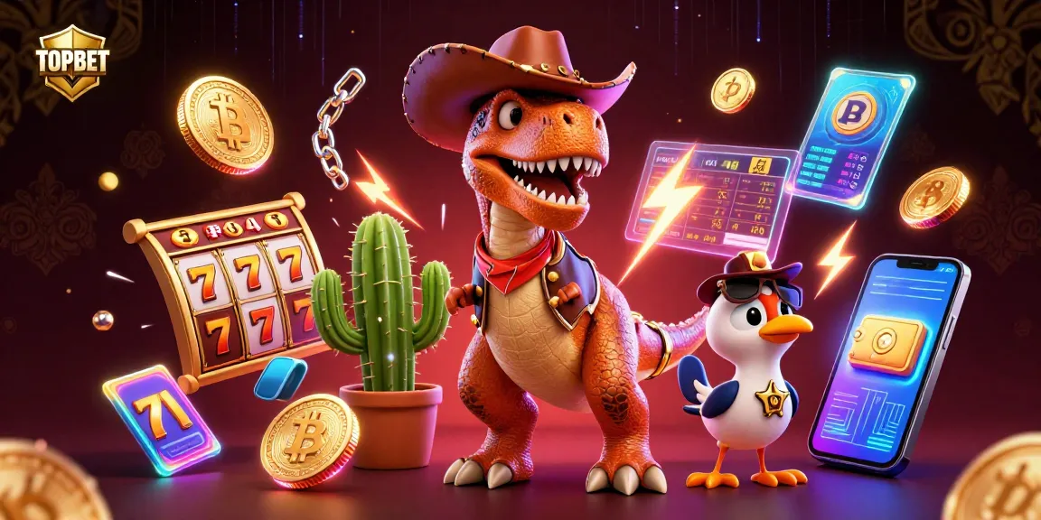 Engage in winning strategies with TOPBET at a vibrant casino scene featuring cartoon characters and slot reels.