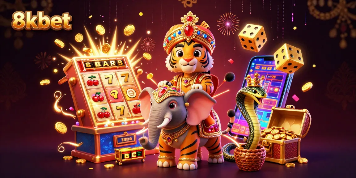 Experience thrilling wins with 8xbet's vibrant slot machine and exotic characters amidst a dazzling casino scene.
