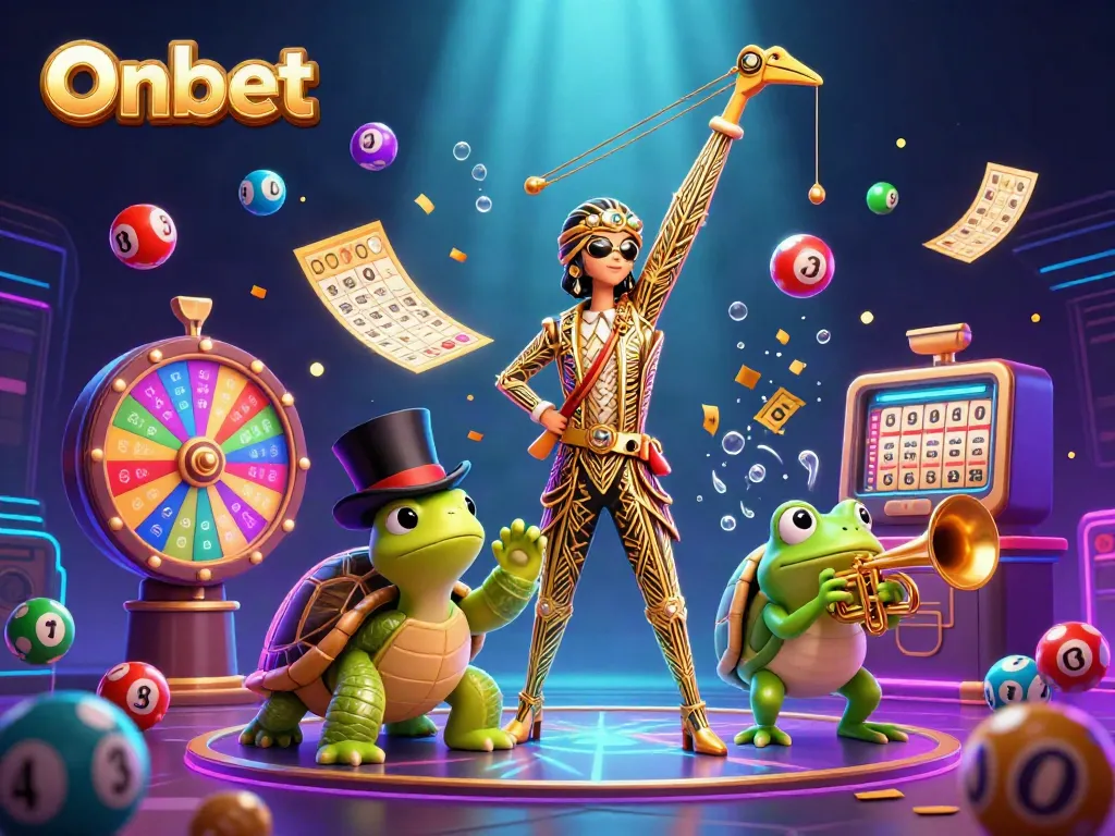 Onbet-themed 3D digital illustration capturing a lively casino scene with vibrant game elements and animated characters.