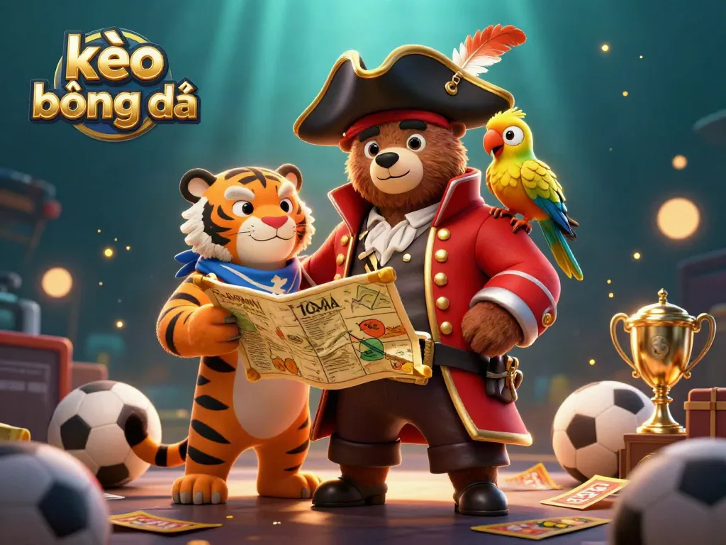 Engaging scene showcasing kèo bóng đá with a pirate captain bear and a tiger, capturing sports betting excitement.