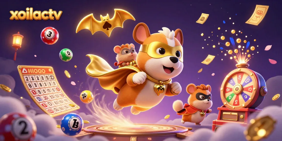 Experience the excitement of xoilactv as the superhero dog delivers gold coins amidst a vibrant casino-themed scene.