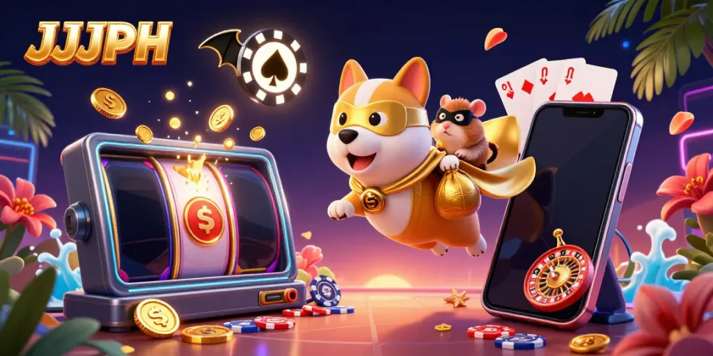 Engage with JJJPH and revel in a vibrant casino scene featuring a superhero dog, colorful games, and gold coins.