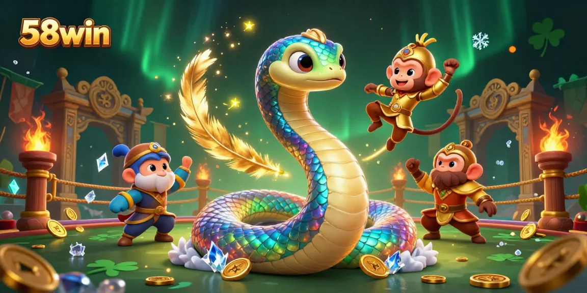 Experience thrilling action at 58win with vibrant characters around a golden gambling pillar.